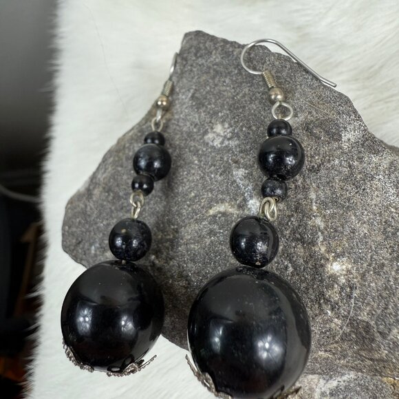 Black Bead Dangle & Drop Pierced Earrings - Picture 2 of 5